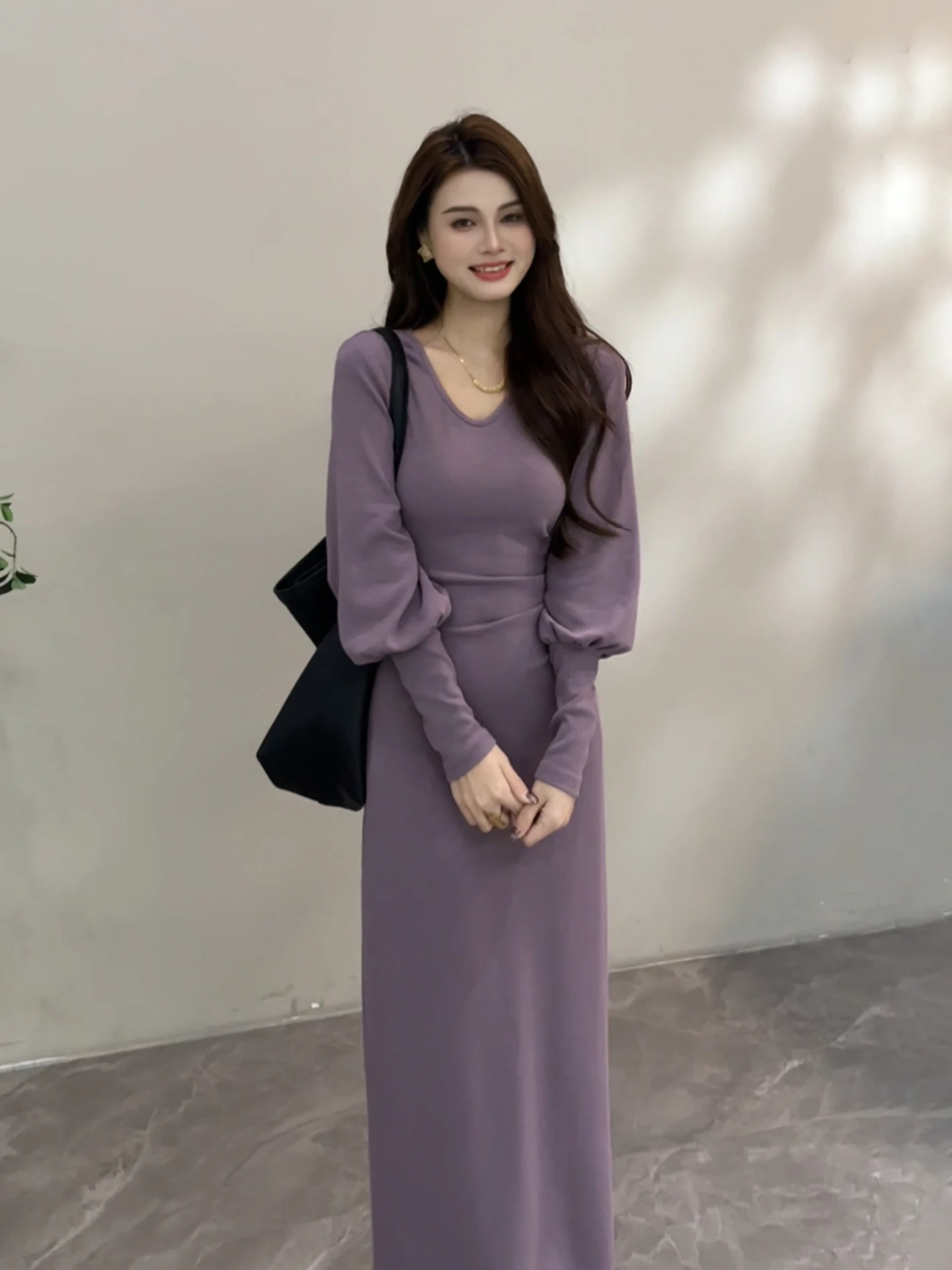 

Ele Vintage Slimming Lantern Sve V-Ne Dr Cotton Polyester Blend Long Sve Women's Faion Casual Par Dr