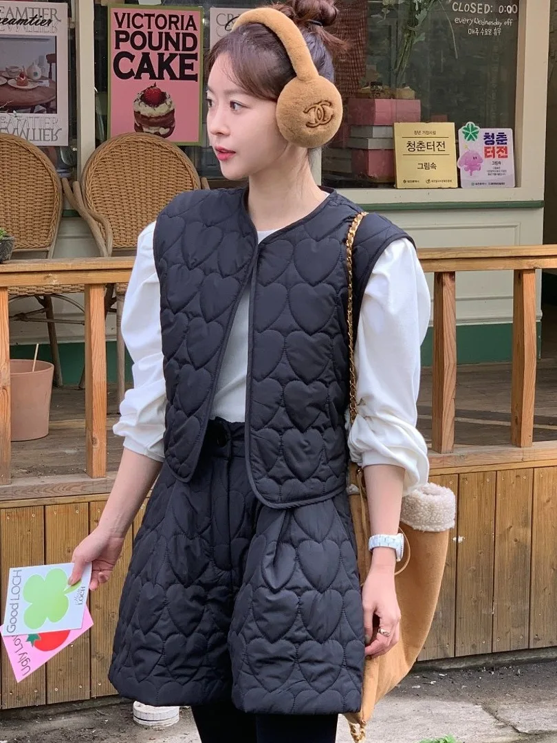 

Korean Sle Cotton Jaet Set Women's Faion Heart Pred Pattern Vest plus Casual Slimming orts Two Piece Set