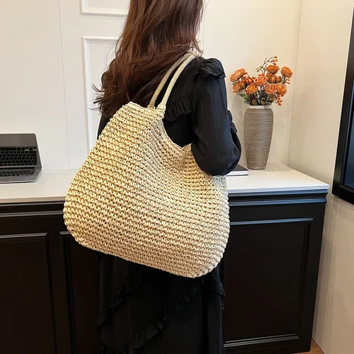 Imagen 2 del producto Bolso de mano de paja para mujer, bolso de hombro clásico de gran capacidad, bolso de playa de ganchillo de Color sólido, bolso diario de verano para mujer