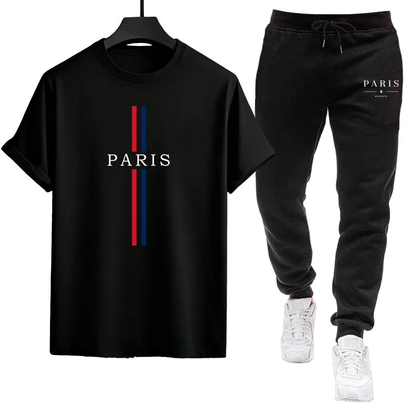 

2026 Men's Oversized Tracksuit Set Crew Neck T-Shirt and Black Joggers Urban Street Style Loose Fit Paris Print Tees + Pants