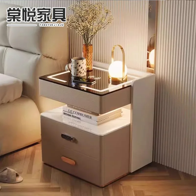 Solid Wood Smart Bedside Table Simple Charging Modern Light Luxury Multi-functional Advanced Home Bedroom Rock Slab Bedside Tabl