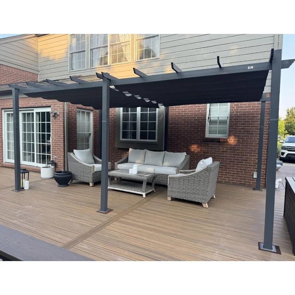 

Уличная пергола 12' x 18' с выдвижным навесом, алюминиевый навес-укрытие для веранды, сада, защиты от солнца, пляжный павильон, виноградный павильон