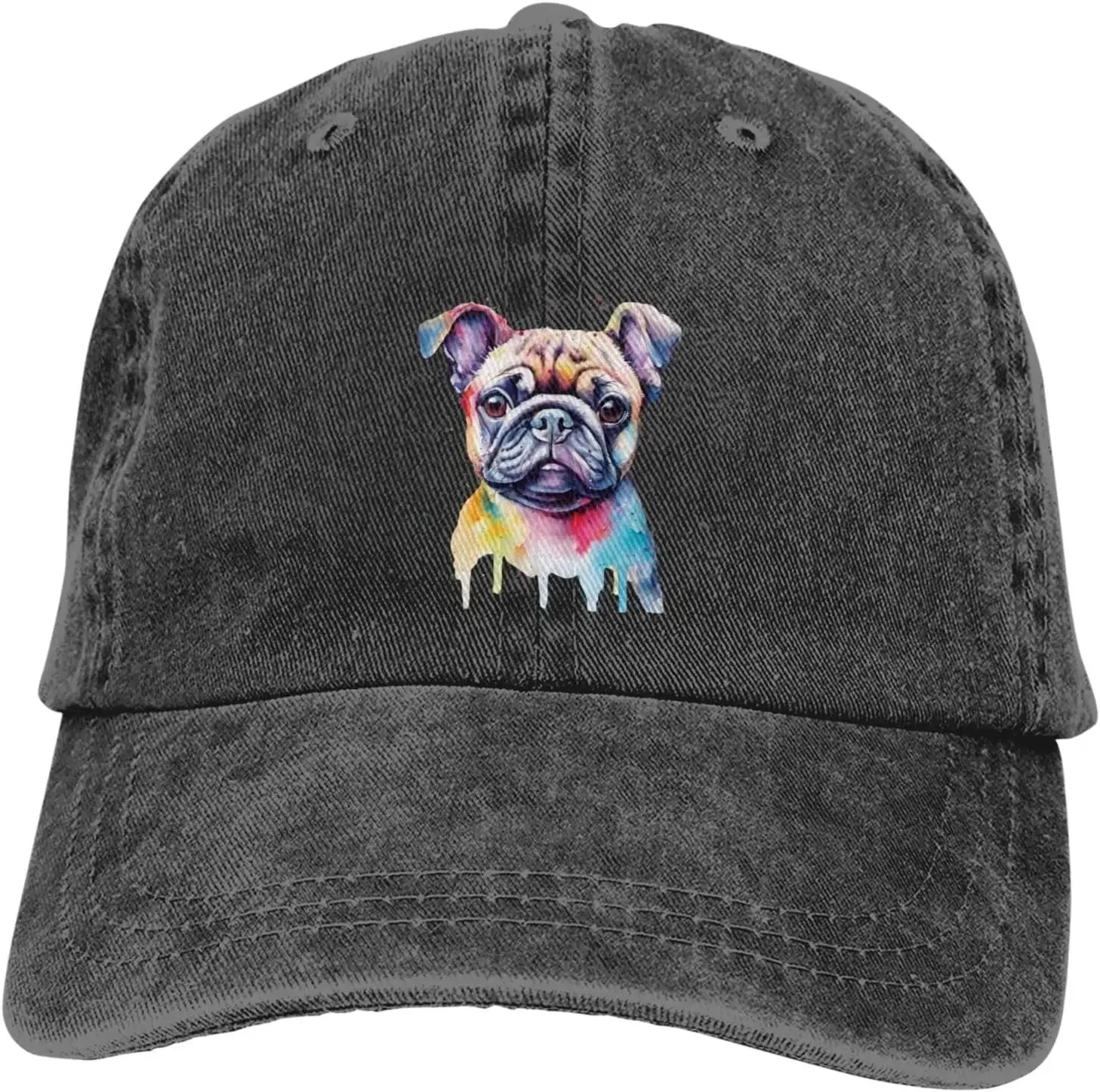 Pug Dog Watercolor Colorful Distressed Adjustable Washed Denim Mens Dad Trucker Hat Baseball Ball Cap for Men