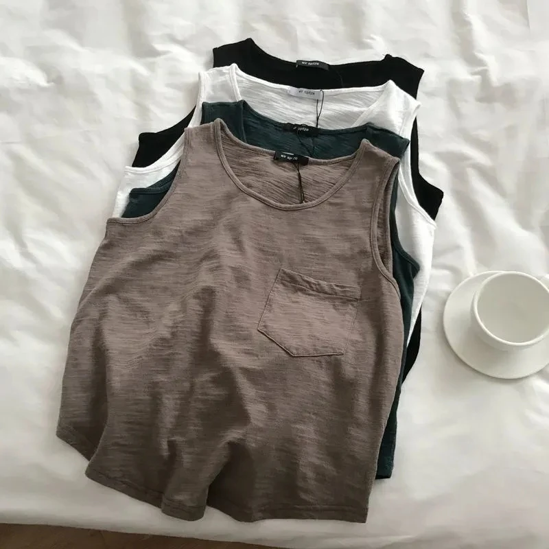 

plus Size Summer Sleeveless round Neck Pocket Vest Loose Fit Thin Style Women's Fashionable Base Layer Top Korean Style