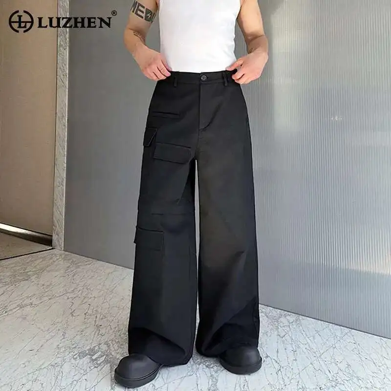 

LUZHEN Men Straight Cargo Pants Multi Pocket Spring Loose Workwear Designer Original Fashion Plain New Wide Leg Trousers LZ4754