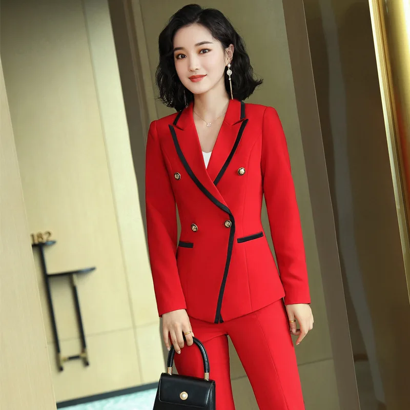 Rote Frauen formelle Blazer Hosen Sets für Büroarbeit tragen Uniform ol Damen Blazer Jacke Hosen anzüge 2 Stück Hosenanzug