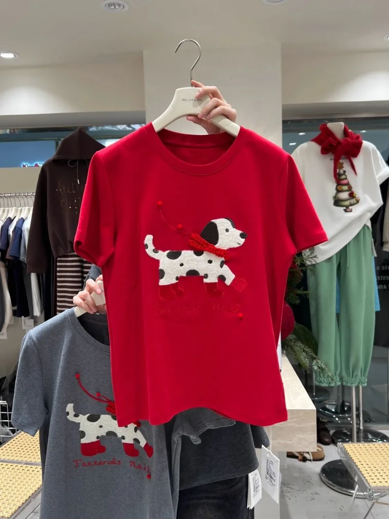 اليمين الكتف جولة الرقبة المطرزة الكرتون تيز الخريف سميكة نحى القطن أنيق الشباب فضفاض تي شيرت كامل للفتيات