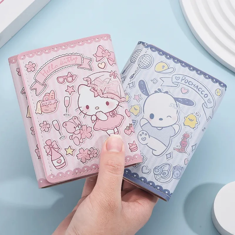 

Girl Pink Hello Kitty Wallet Cartoon Cute PU Three Fold Leather Bag Girl Velcro Zero Wallet Women's Gift Paper Money Wallet