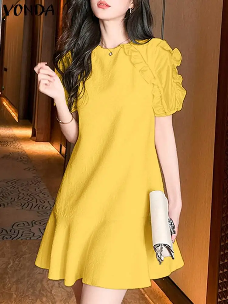 VONDA Fashion Elegant Women A-Line Dress Summer Mini Sundress 2024 Short Sleeve Casual Solid Color Robe Ruffled Beach Vestidos