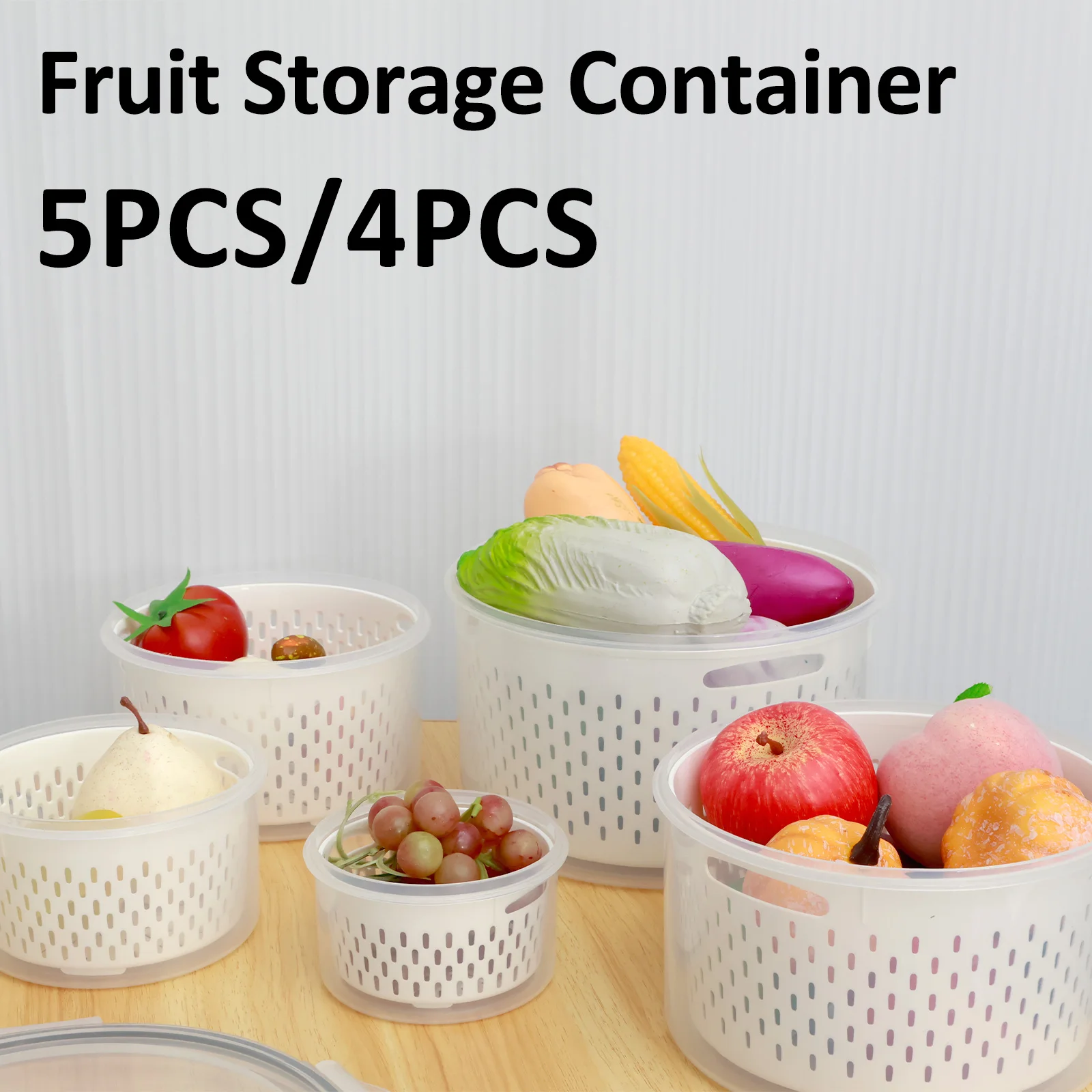 

4/5Pcs Fridge Storage Containers with Lids Clear Fridge Fruit Storage Boxes with Drain Tray Different Sizes Airtight Food