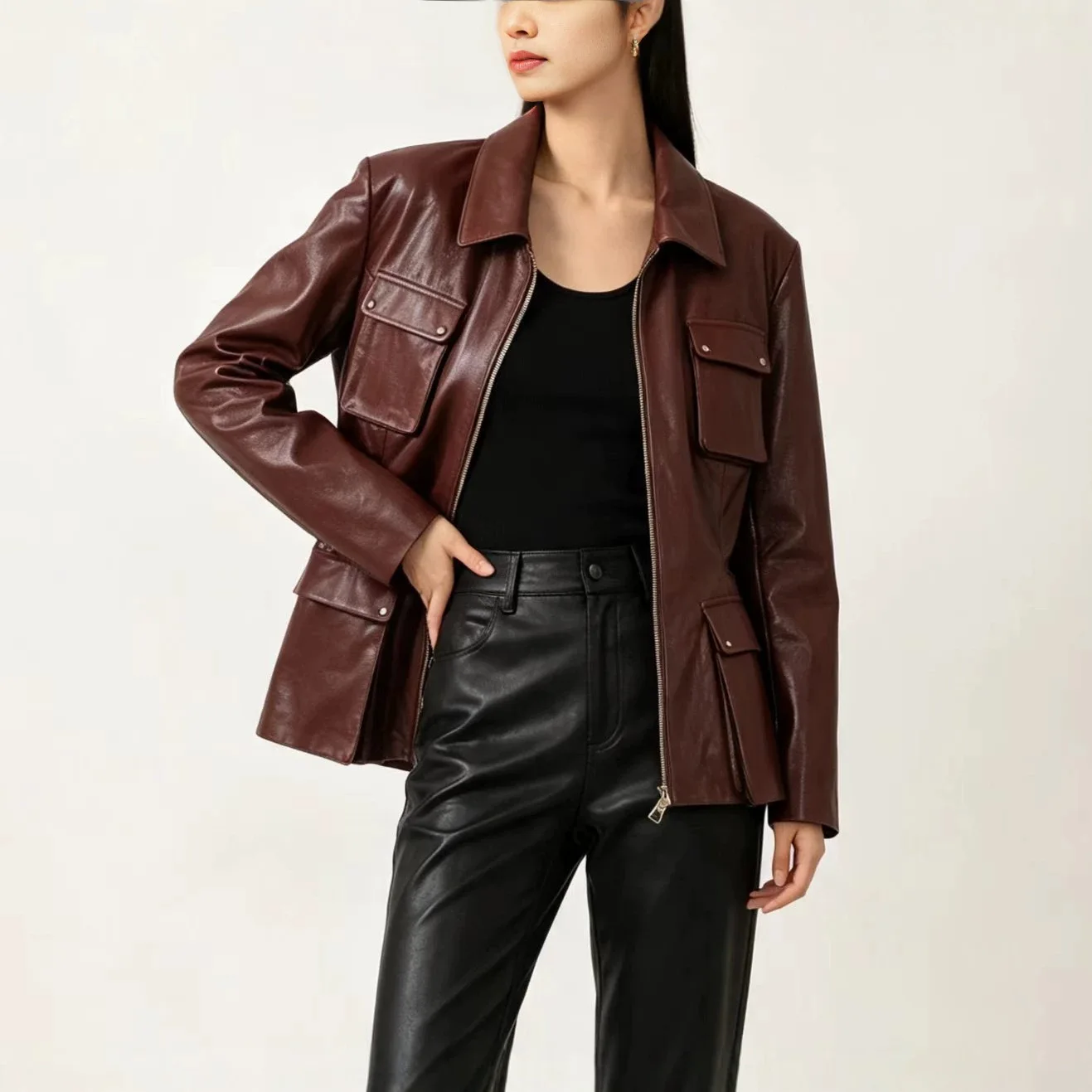 2026 Fall Winter New Oil Wax Sheepskin Jackets Coats for Women Fashion Slim-fit Waist Multi-pocket Female Genuine Leather Jacket