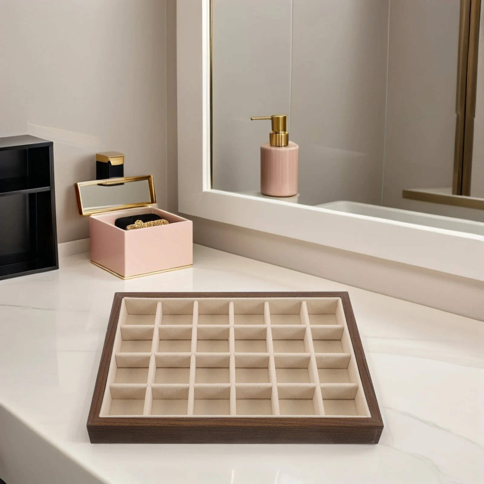 

Jewelry Walnut Tray Earring and Necklace Holder Display Case Drawer Organizer Beige