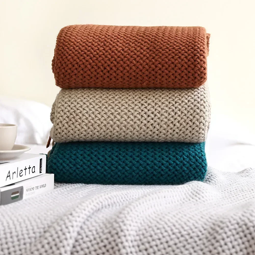 Nordic Sofa Blanket Knitted Shawl Solid Color Bed End Towel Wool Sofa Towel Hotel Bedroom Decorative Blanket Soft Nap Bedspread