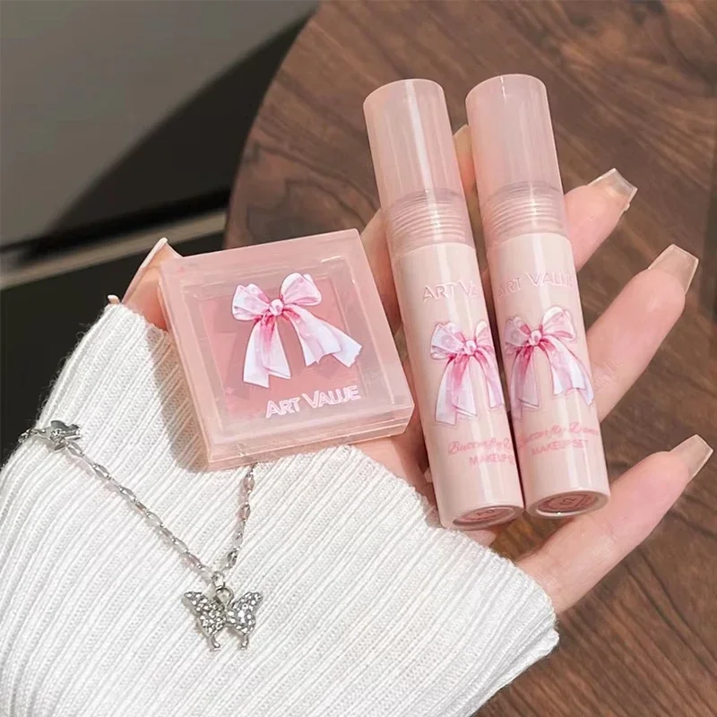 Schmetterlings-Lipgloss-Make-up-Set, komplettes Geschenkbox, flüssiger Lippenstift, Halskette, Rouge-Set für Geburtstag, Weihnachten, Valentinstag, matte Lippen