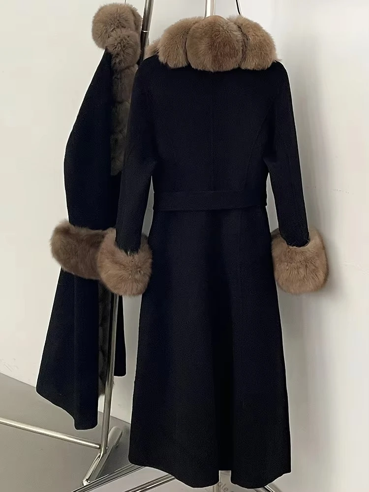 Oversized Woolen Coat for Female Sophisticated Women's Elegant Fur Collar Wool Coat Waist Belt Ultra Warm for Business Casual