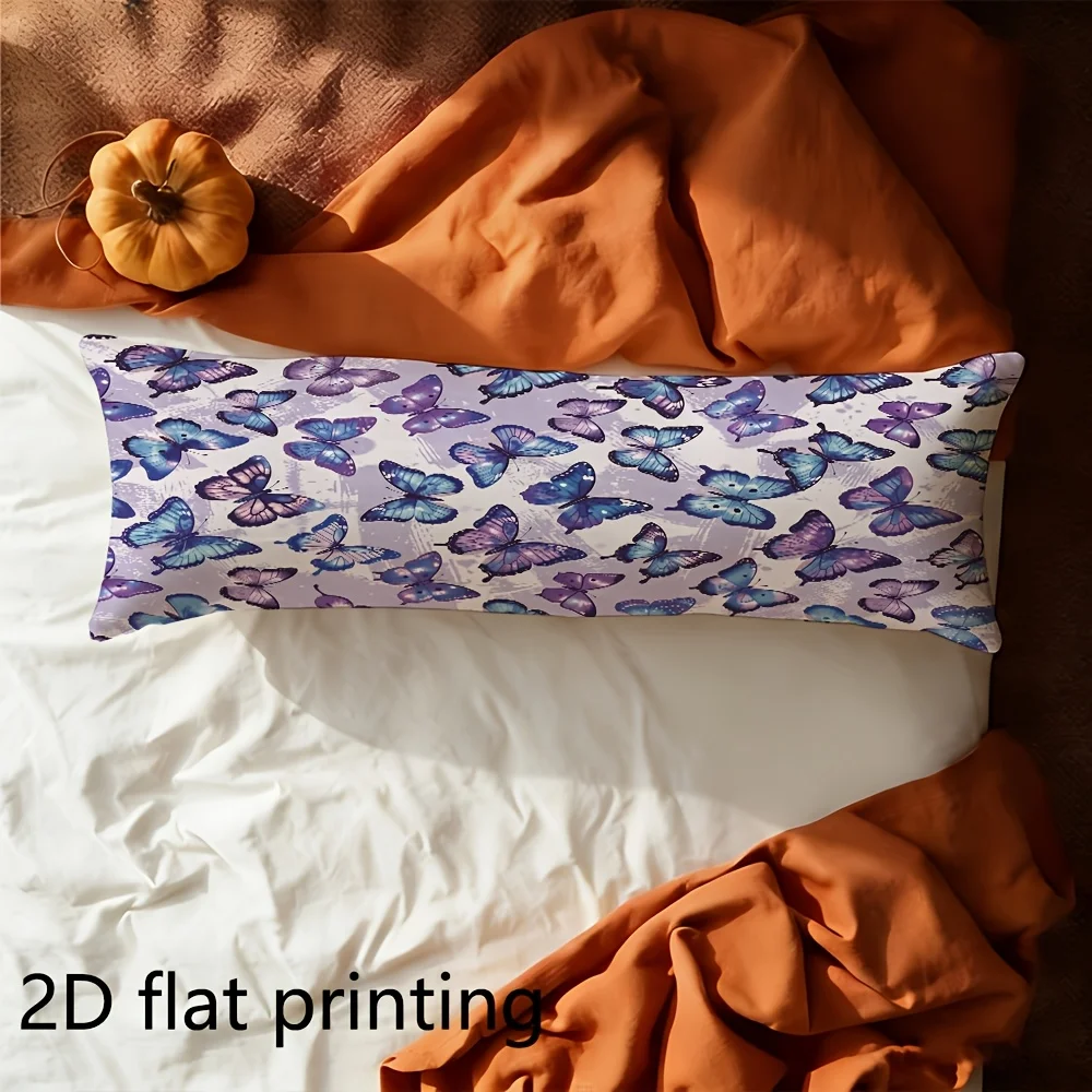 2D Flat - Long Pillowcase, 2D Printed Design, Purple Butterfly Flying Pattern, Full Body Support Pillowcase, Durable Fabric, Sui