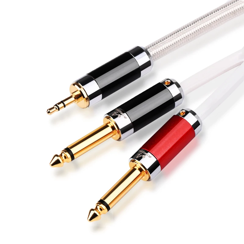 ATAUDIO HiFi 3,5 mm auf Dual 6,5 mm Audiokabel Hochwertiges 7N OFC Mixed Silver 3,5 Jack auf Dual 6,5 Jack für Mixer-Verstärker 3