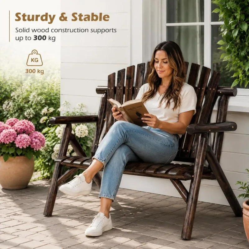 Banquette de jardin en bois massif de pin et de cèdre, 2 places, avec dossier haut, accoudoirs ergonomiques, assise courbée, charge 300 kg, pour terrasse, balcon, véranda, extérieur.