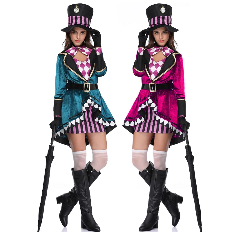 

Carnival Halloween Mad Hatter For Lady Costume Alice Fairy tale Tuxedo Magician Outfit Cosplay Fancy Party Dress
