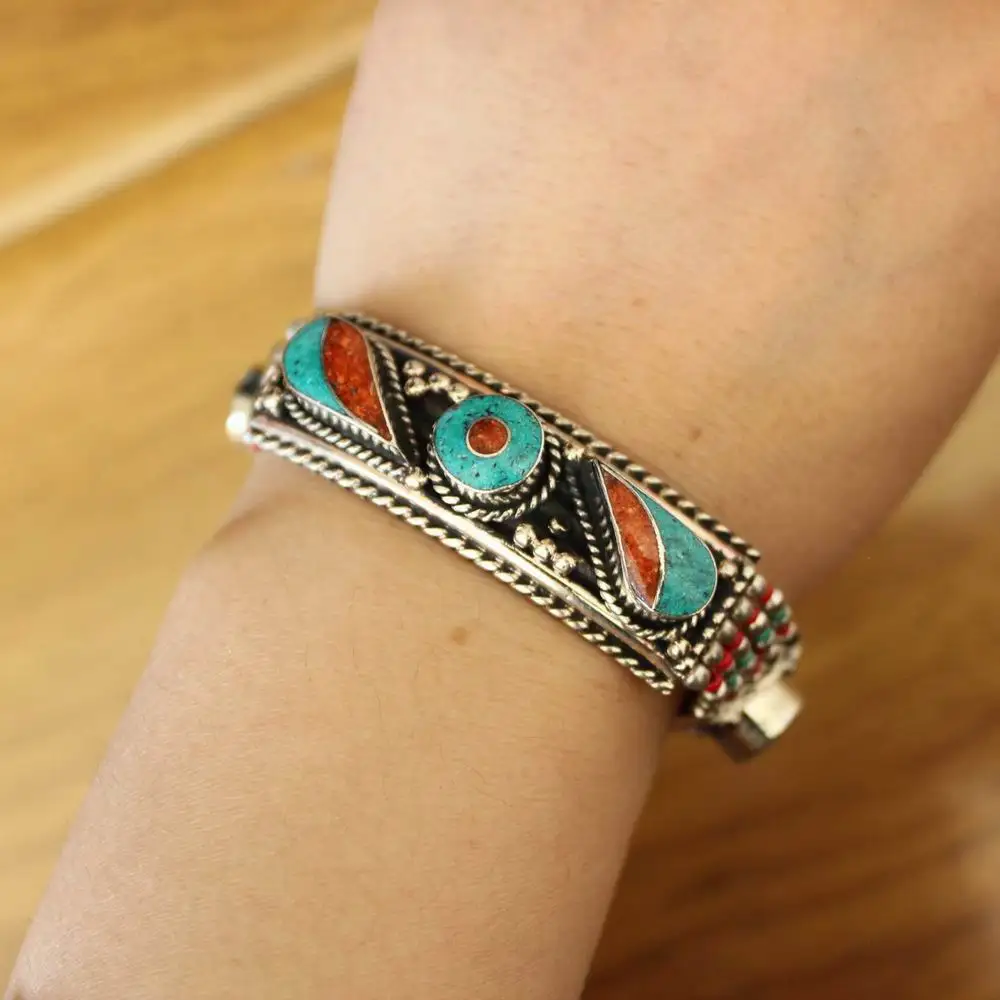 BR067 Handmade Nepal Jewelry Copper Inlaid Turquoises Beads 17mm Wide Woman Cuff Bracelet  New Arrival