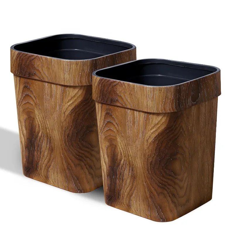 

Wood Grain Plastic Trash Can Bedroom, Square 2-Pack, 3.7 Gal Farmhouse Wastebasket Bin Retro Style
