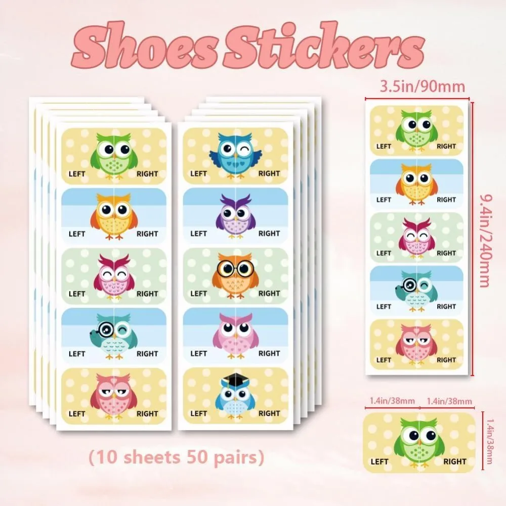 Shoes Stickers for Shoes Learning Left Right Owl 100pcs(50 Pairs) Self-Adhesive Shoes Stickers Labels Decals to Help Put Shoes