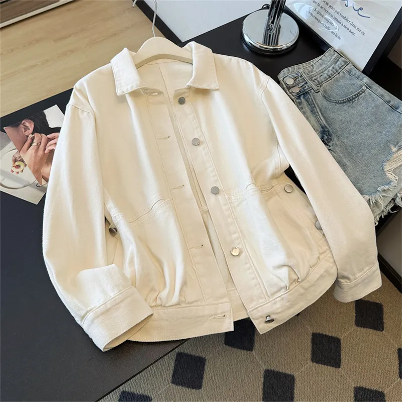 

Korean Loose Casual Apricot Denim Jacket Female Spring Autumn New Turndown Collar Single-Breasted Long Sleeve Jeans Jacket Coat