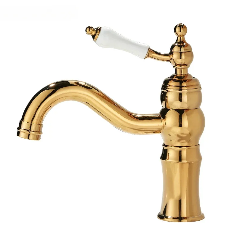 

French Retro Light Luxury Washbasin Faucet Bathroom Cabinet Single Hole Washbasin All Copper Hot and Cold Faucet Splash-proof