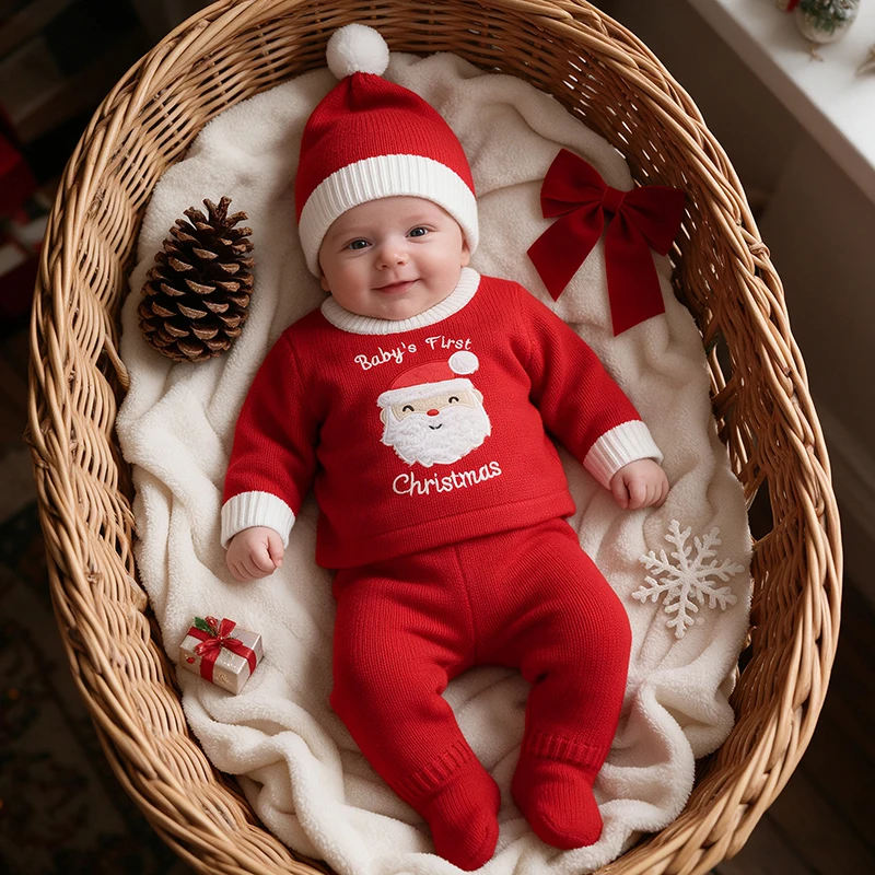 Christmas Baby Clothes Set Knit 3PCS Newborn Sweater Long Sleeve Pants Foot Wrap Hat Cute Cartoon 0-9M Infant Pullover Trousers