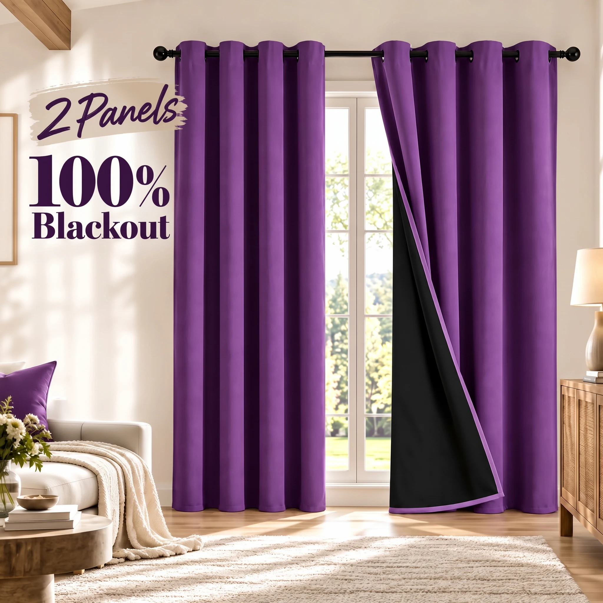 [ Free Buy 1 Get 1]  2 Panels 100% Blackout Multi Purpose Indoor Curtains Black Waterproof Coating on Back Side Light Blocking Grommet Drapes for Living Room Bedroom Bathroom Study and Other Household Spaces