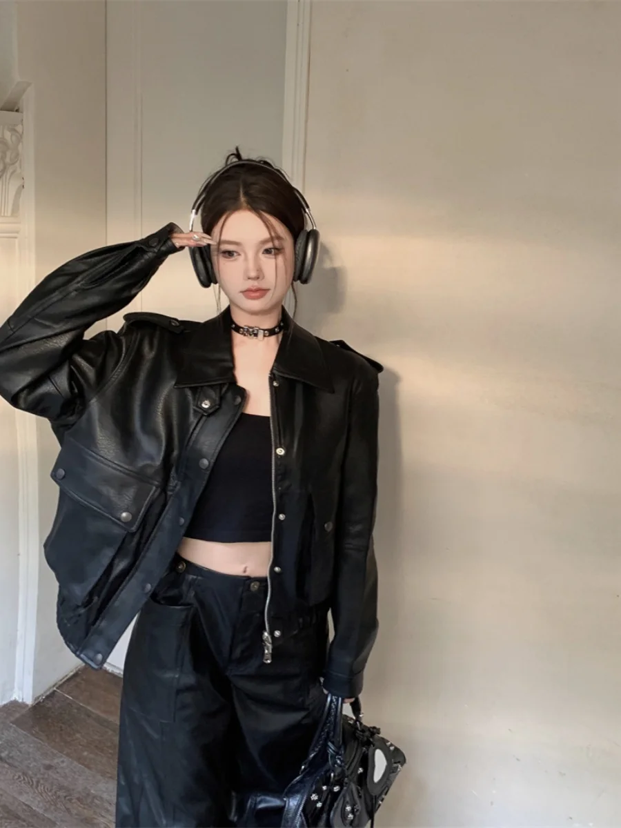 Doux Cool épicé fille Sle Long Sve PU cuir Jaet femmes printemps automne Personali moto Jaet haut