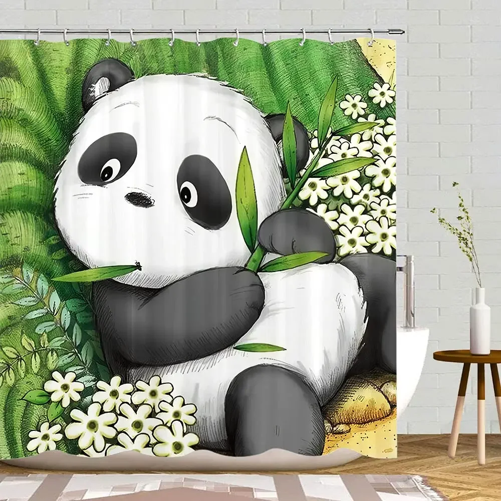Animal Photography Shower Curtain Cute Panda with Baby Eating Bamboo Bathroom Curtains Waterproof Durable Decor  with 12 Hooks