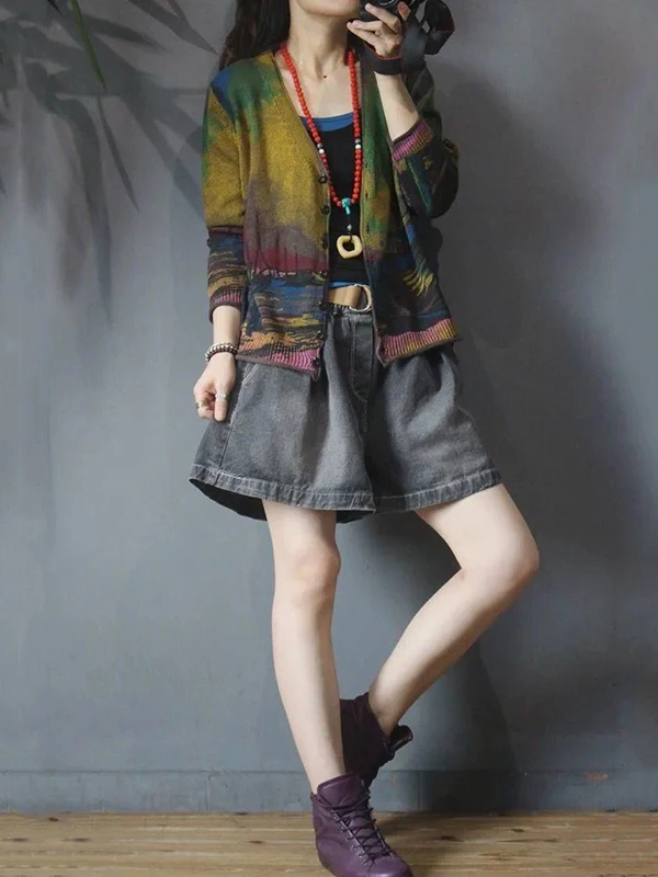 سترة نسائية محبوكة مريحة على شكل حرف V لخريف 2025 سترة طويلة Sve ريترو فنية مطبوعة ملابس خارجية فضفاضة تناسب Faionable #3