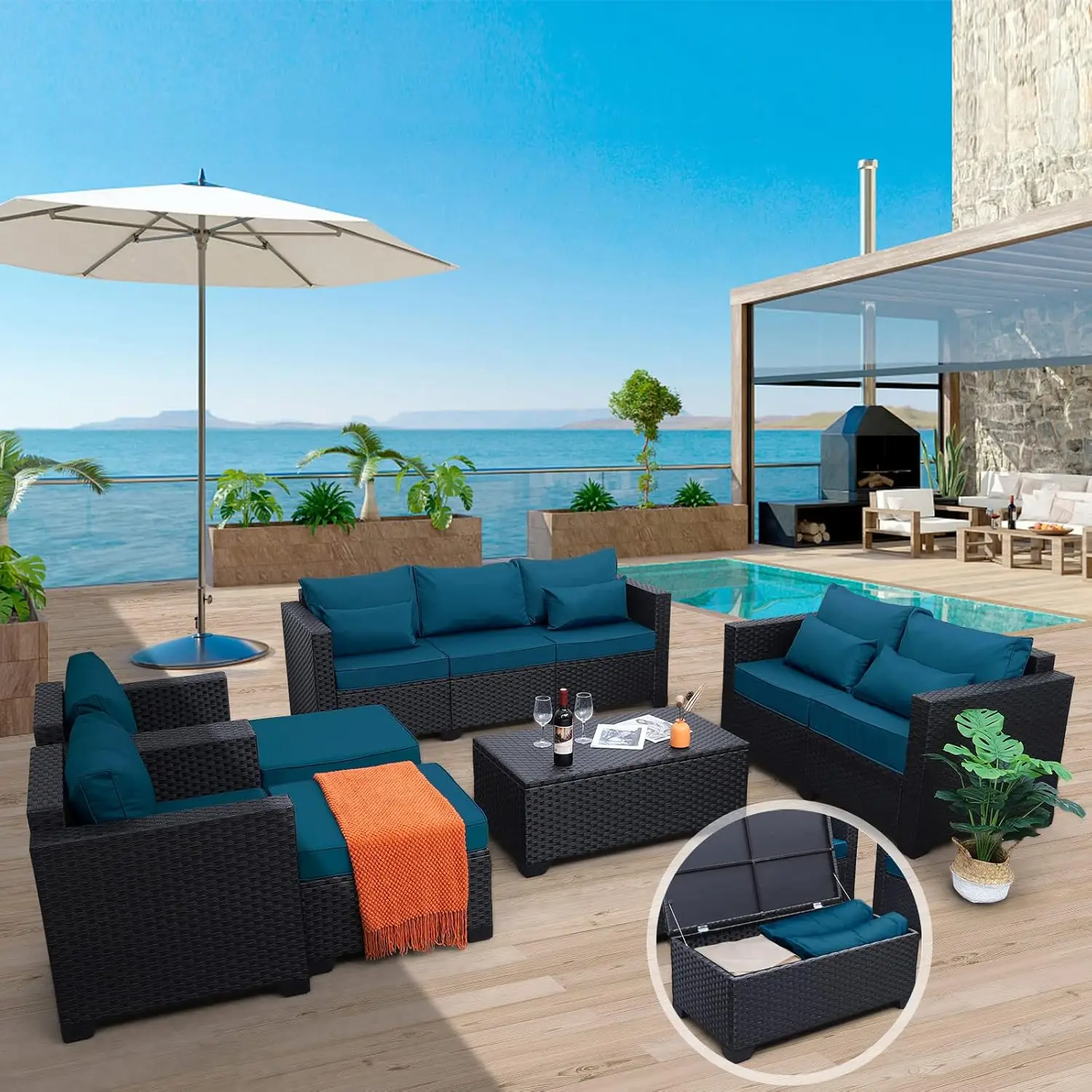 NEW  Patio Furniture Set 7 Pieces Couch Outdoor Chairs Coffee Table Peacock Blue Anti-Slip Cushions and Waterproof Covers