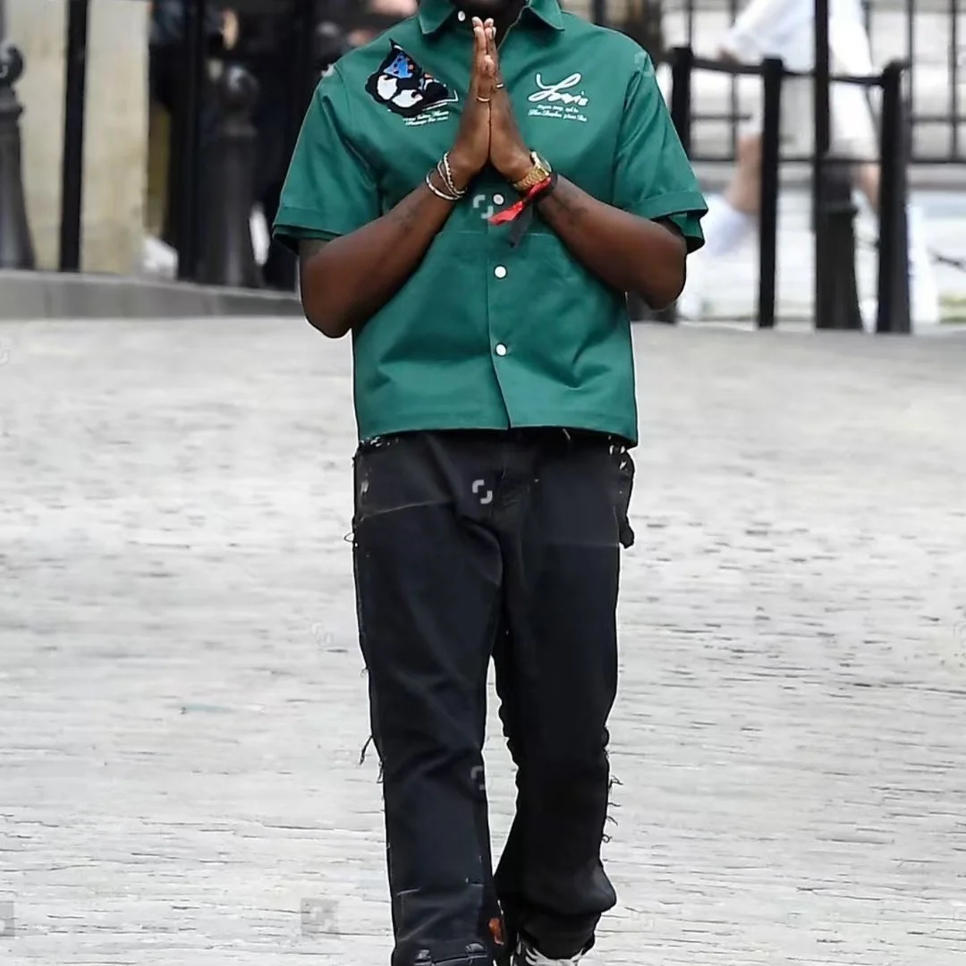 

American Sle Splatter Patchwork Micro Flare Denim Jeans High Street Casual Pants Men's mid Waist Zipper Cotton Blend