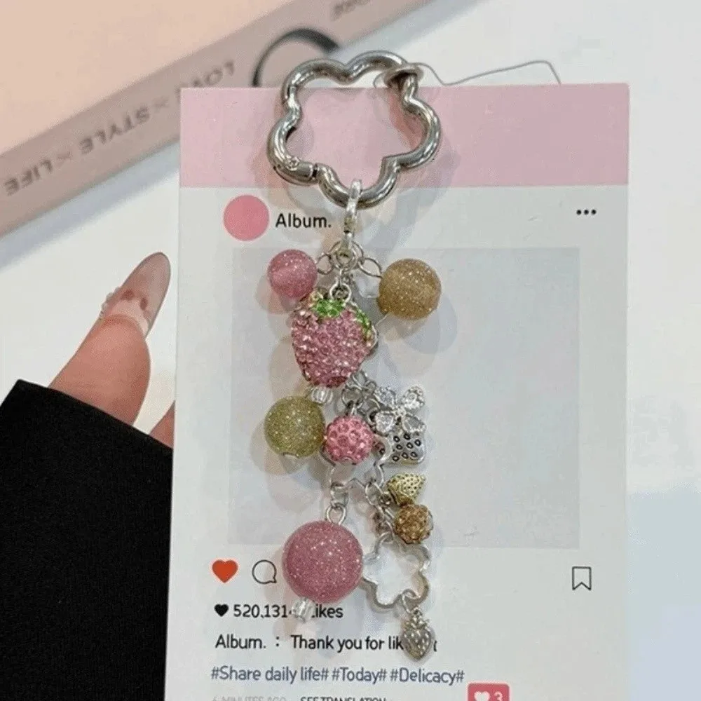 Cute Alloy Strawberry Keychain Sparkling Bead Phone Charm Pink Flower Hardware Bag Charm Ladies