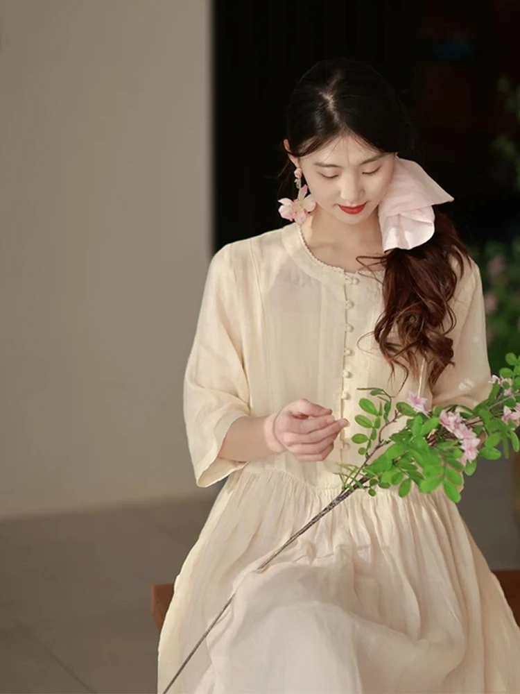 

Muede Original Women's Long Dr Spring Summer New Transparent Artistic 00 Flax Seven Sve Dres Casual round Ne Sing...