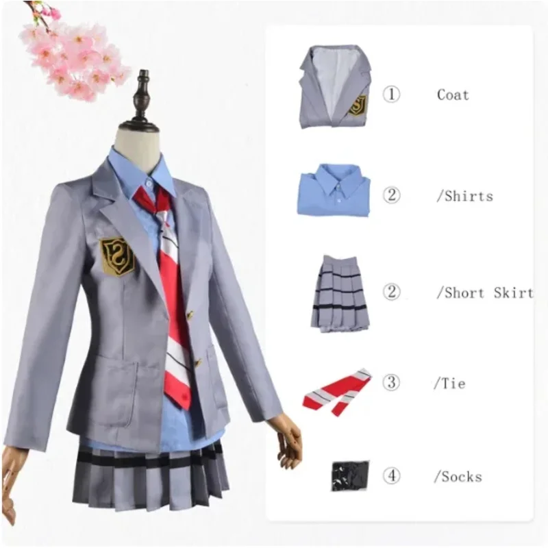 Anime Your Lie in April Miyazono Kaori Cosplay disfraces Arima Kousei pelucas sintéticas pantalones abrigo chaqueta falda uniforme escolar para niñas