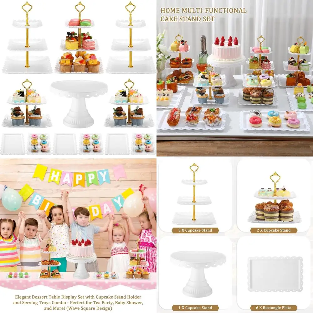 

Набор из 12 подставок для десертного стола с 5 подставками для кексов, многоуровневой башней, круглой кружевной подставкой для торта и 6 сервировочными подносами