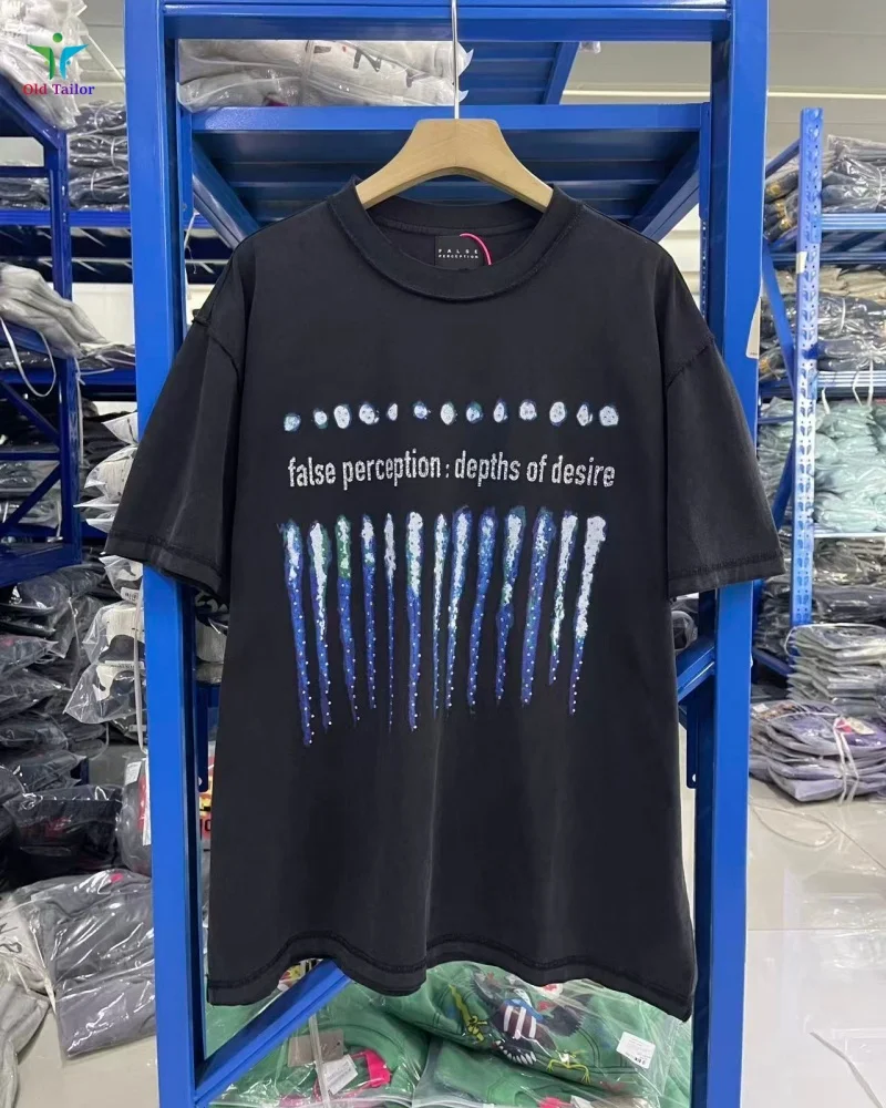 

False Perception Motorcycle Flame Rhinestone Washed Short-Sleeved TEE 26SS Men's Women's Black Relaxed Fit TEE