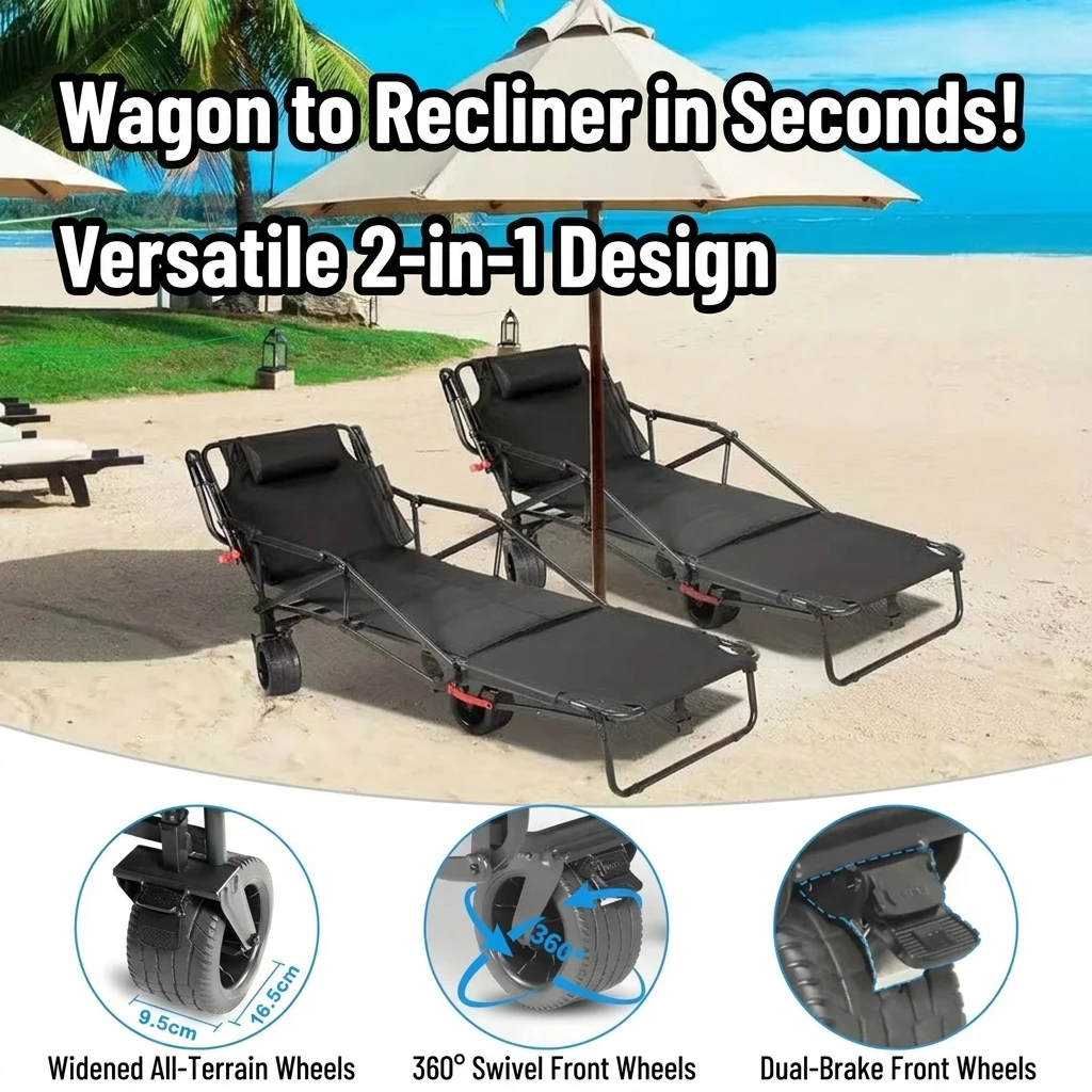 2-in-1 Foldable Steel Wagon  Chair Utility Cart Four-Wheel All-Terrain Wheels Heavy Duty for Outdoor Camping Picnic Travel