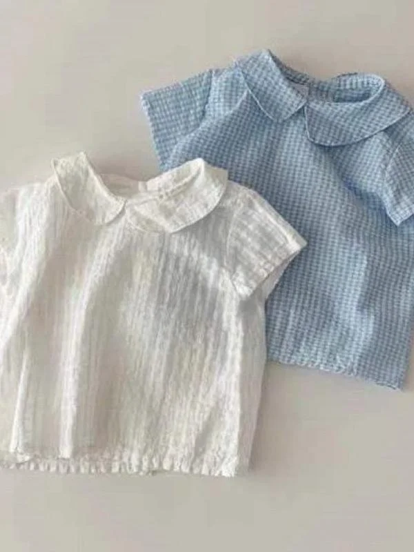 

Summer Thin ort Sve T-irt for Baby Girls Korean Sle Pure Color Versatile Plaid f Sve Pure Color Top for Babies