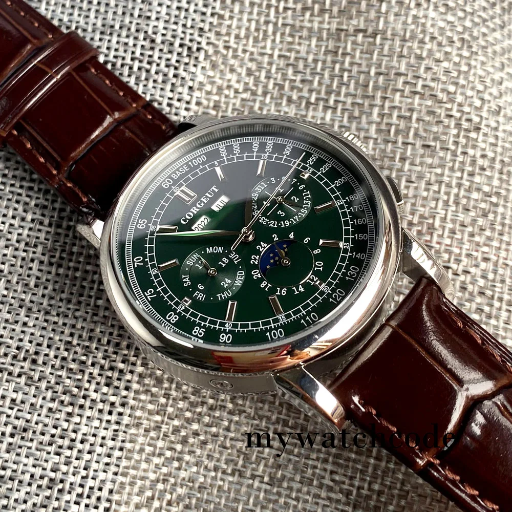 Corgeut-Reloj de pulsera multifuncional ST1655 para hombre, pulsera automática pulida con correa de cuero, color verde, rosa, blanco, negro y azul, 42mm