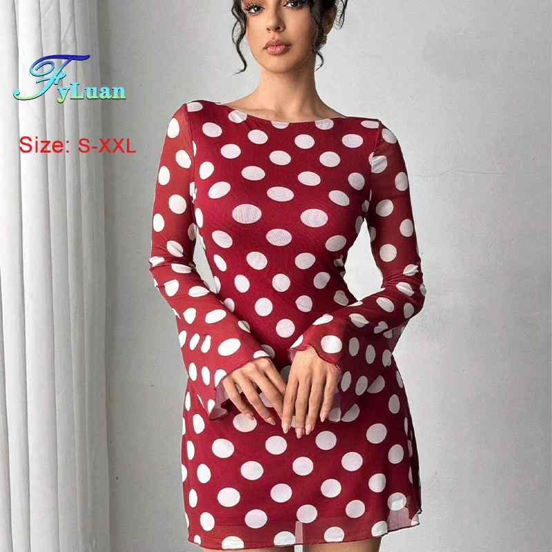2025 Nuovo vestito da donna Sexy Sheer Mesh Round Dot Manica svasata Mini abito femminile Backless Manica lunga Nightclub Party Abito corto