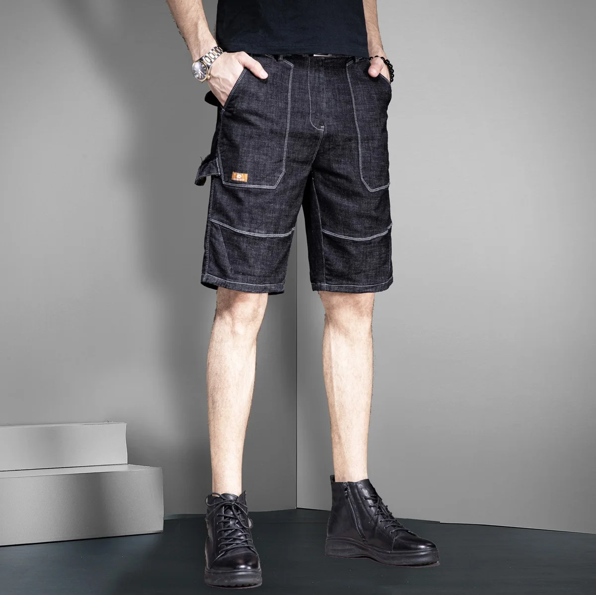 

Летние тонкие джинсовые шорты в японском стиле для мужчин: свободные, прямого кроя, со средней посадкой, на молнии, бриджи до колена