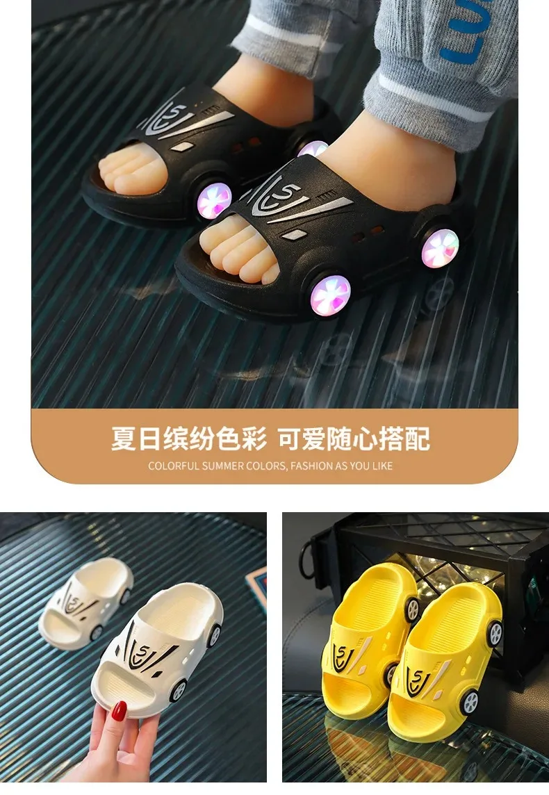 Kids Luminous Slippers Summer Indoor Cartoon Car Girls Shoes Soft Anti-slip Boy Beach Shoes Fashion Outdoor Children LED Slipper