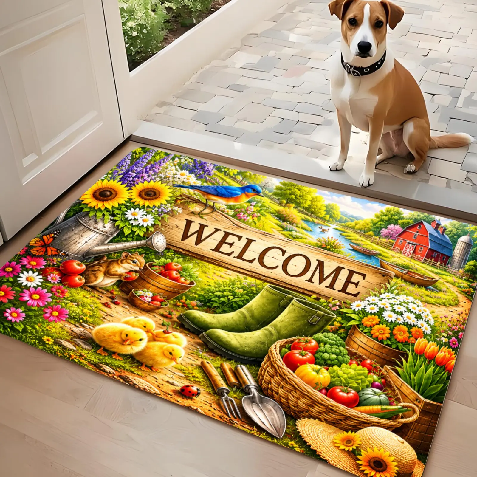 3PC Kitchen Rugs,Home Decoration for Front Door,Kitchen,Bathroom,Welcome Garden Vegetables Flowers Sunflowers Basket Dining Mat