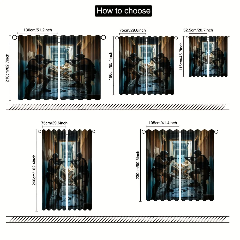 2pcs Tactical Soldier Curtains Military Action Print Blackout Drape Living Room Bedroom Window Treatment Home Decor