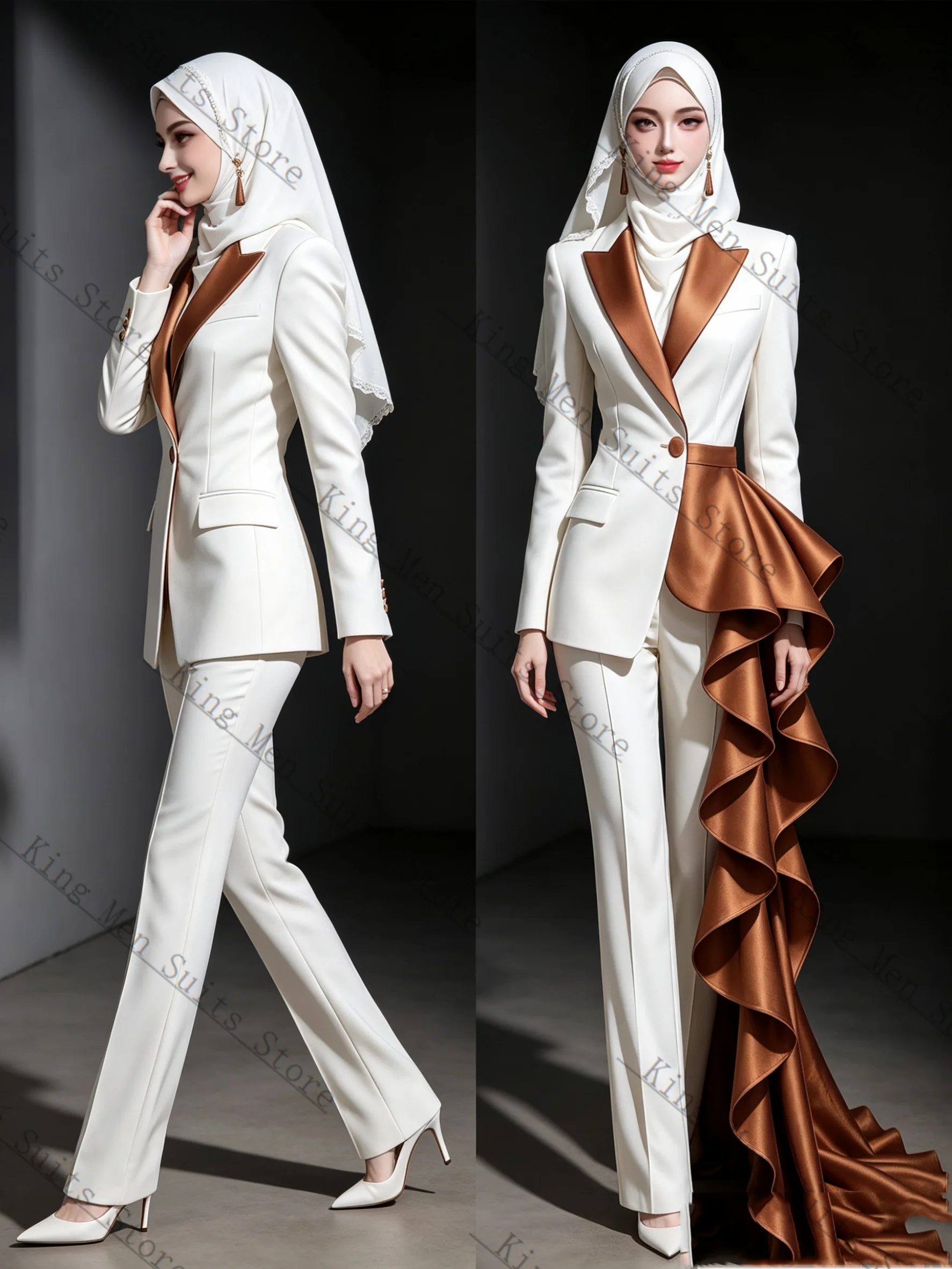 

Brown White Women Suits Set 2 Piece Blazer+Pants Trousers Train Formal Customized Office Lady Jacket Luxury Wedding Prom Coat