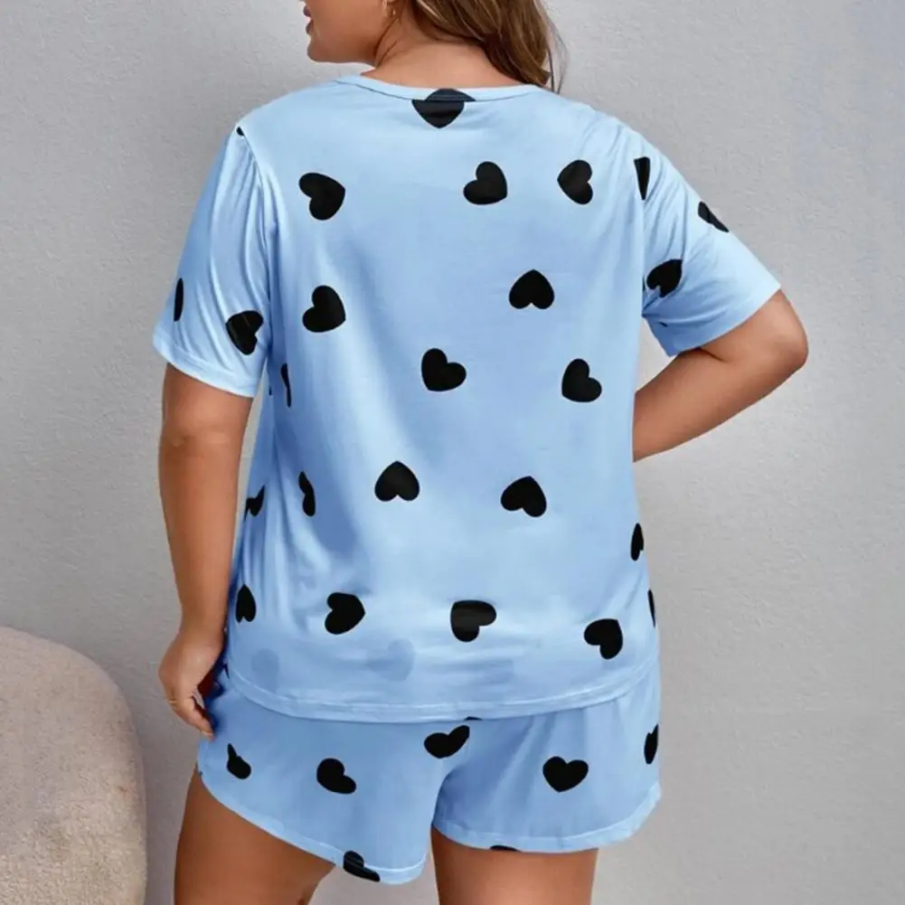 Summer Women\'s Pajamas Sets Heart Print Round Neck Short Sleeve T-shirt Elastic Waist Shorts Lady Oversized Sleepwear Homewear